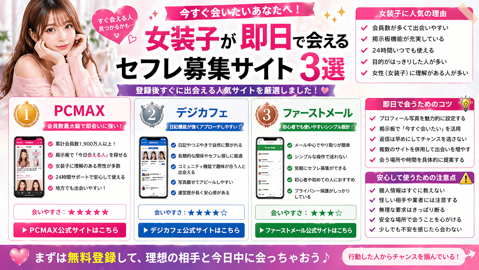 女装子が即日で会えるセフレ募集サイト3選
